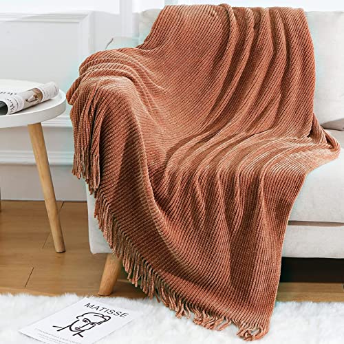 Blagic Knitted Throw Blanket for Couch Soft Farmhouse Boho Throw Blanket with Tassels Home Decorative Lightweight Throw Blankets,Maple Brown Throws for Bed/Chair/Sofa, Stripe Textured,60" W x 80" L - color: E-orange Rust, size: 60 × 80 in