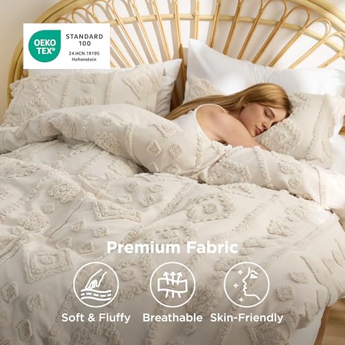Bedsure Boho Tufted Beige Comforter King Size, GentleSoft™ 3 Pieces Boho Farmhouse-Style Decor Bedding, Exquisite Bedding for All Seasons, 1 Bed Comforter, 2 Pillow Shams, 104x90 Inches - color: 03 - Distressed Vintage Beige, size: King (104" x 90")