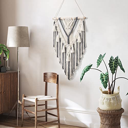 Dremisland Macrame Woven Wall Hanging Boho Geometric Woven Tapestry Beige & Grey Cotton Handmade Bohemian Art Decor with Tassel Craft Ornament for Bedroom Living Room Apartment Nursery (Grey) - color: Grey