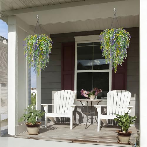 2 Set Artificial Flower Hanging Baskets for Outdoors, 20Pcs Fake Hanging Plants, Outdoor Faux Flowers UV Resistant for Spring Summer Porch Patio Garden Home Decoration (White+Purple+Yellow) - color: White+purple+yellow