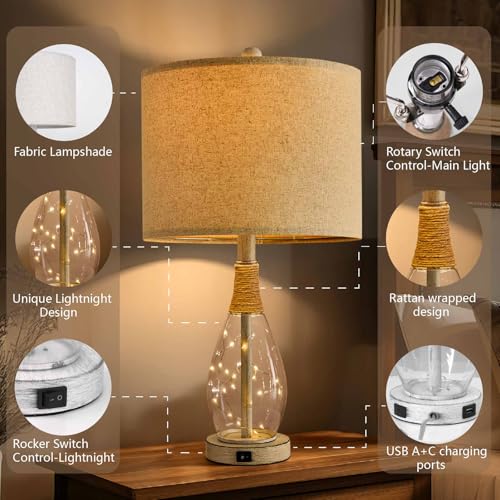 OYEARS 23" Table Lamps for Living Room Set of 2 Bedside Lamps for Night Stands Bedroom Lamps Farmhouse Rattan Boho Lamp Glass Nightlight End Table Lamp with USB C+A (White),Two Light Points - color: Washed White
