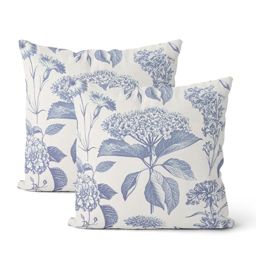 Vintage Blue Pillow Covers 16x16 Inch 2 Pcs Boho Floral Decor Throw Pillows Hydrangea Flower Seasonal Outdoor Farmhouse Neutral Accent Decoration Pillowcase Linen Cushion Cover for Couch - color: Boho Vintage Blue Hydrangea, size: 16" x 16" (Pack of 2)