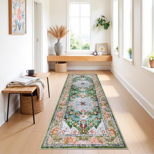 U'Artlines 2' x 6' Boho Hallway Runner Rug, Non Slip Washable Vintage Farmhouse Kitchen Rug Accent Area Carpet for Entryway Laundry and Living Room (Green) - color: Green, size: 2' x 6' (Runner)