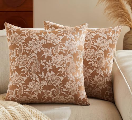 Floral Jacquard Throw Pillow Covers Set of 2, Background/Caramal 18x18 Inch, Farmhouse Decorative Cotton Caramal Cushion Covers for Sofa Bed Living Room Home Decor - color: Background/Caramel, size: 18" x 18" (Pack of 2)