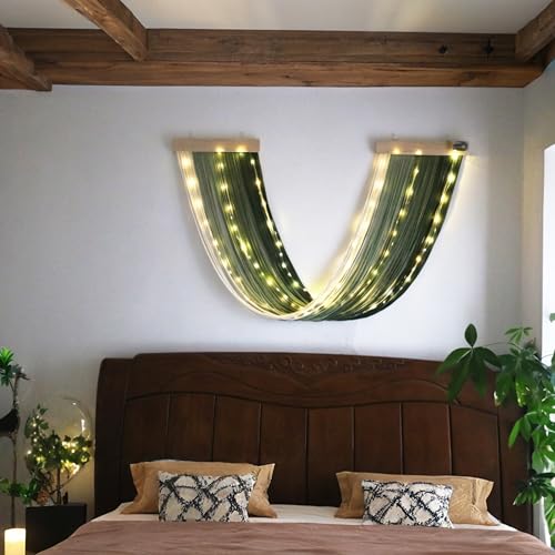 Macrame Fairy Lights Battery Operated with Remote,Large Macrame Wall Hanging with 20ft 100 LED String Lights,Green Gradient Warm White Light for Living Room,Bedroom,Christmas,Holiday Deco - color: Green-Warm White