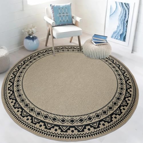 Round Easy Jute Rug 5Ft Washable Boho Carpet, Circle Black Geometric Design, Indoor Outdoor, for Farmhouse Bedroom Living Room Dorm Balcony Patio, Low Pile Thin Floor Mat - color: Boho, size: 5'