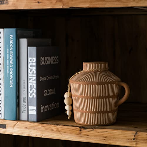 Mowtanco Rustic Farmhouse Vase with Handle and Boho Wooden Beads - Terracotta Vase with Vertical Stripes for Vintage Home Decor - color: Yellow - Wooden Beads