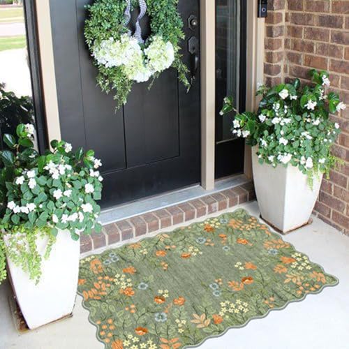 Front Door Mat Outside Entrance - 2x3 Spring Green Sage Floral Non-Slip Washable Doormat Indoor Outdoor Mat Boho Vintage Entry Rug Small Throw Rugs for Entryway Kitchen Front Porch Decor - color: Floral - Green, size: 2' x 3' (Rectangular)