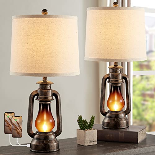 Farmhouse Lantern Table Lamps for Living Room Set of 2 with USB C+A | Vintage Bedroom Resin Lamp, Rustic Retro Bedside Nightstand Desk Lamp, 4 Bulb Included - color: 25'' Bronze Lantern Lamps