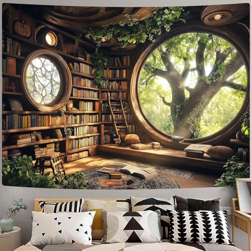 RichIdeas 80x60 Inches Tree Bookshelf Tapestry Window Tapestries Treehouse Tapestries Reading Blanket Decor for Windowless Office Room Bedroom Living Room Home Decor RITADJ1319 - color: Yellow-1, size: 80"L x 60"W