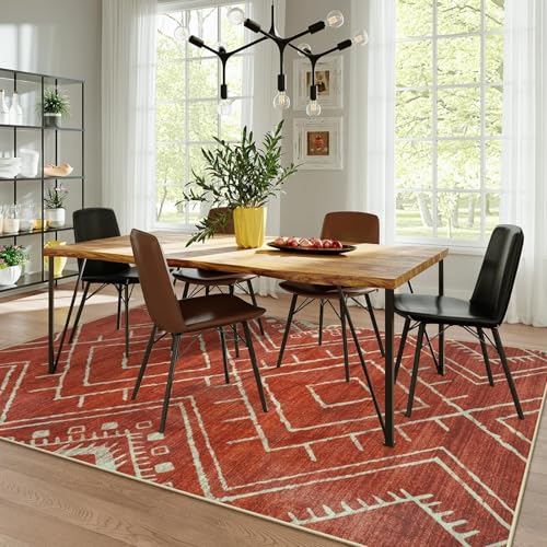 LIVEBOX Moroccan 8x10 Area Rug, Washable Orange Rugs for Living Room Bedroom, Non Slip Western Tribal Rug Geometric Soft Large Area Rug Diamond Carpet for Dining Room Home Office Decor (Brick Red) - color: Brick Red, size: 8‘ x 10'