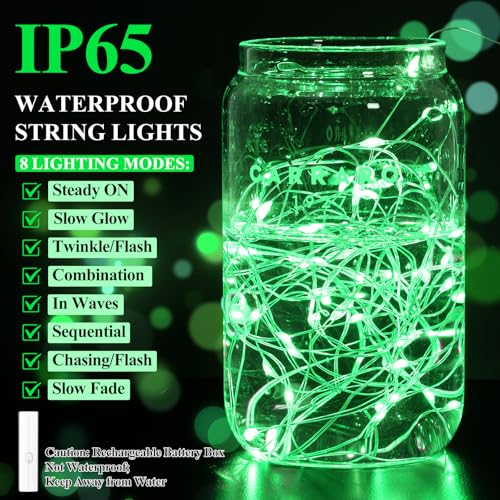 Lakumu 16FT(5M) Green Copper Wire Fairy Lights, Rechargeable Battery Operated String Lights with Timer & 8 Modes, Waterproof Twinkle Lights for St. Patrick's Day Bedroom Christmas Party Wedding Decor - color: Green, size: 16FT