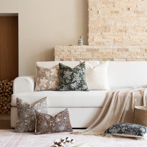 FIOUOVO Floral Throw Pillow Covers 12x20 Set of 2 Farmhouse Pillow Covers Vintage Neutral Accent Pillowcases Decorative Cushion Covers for Sofa Couch Living Room Bedroom Home Decor, Brown - color: Brown, size: 20" x 12" (Pack of 2)