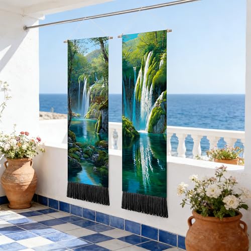 seewan 2 Pack Long Vertical Wall Tapestry, Boho Nature Landscape & Floral Aesthetic Wall Hanging for Bedroom Living Room Home Decor, Long Narrow Art Tapestry with Sunrise Mountain Botanical Designs, 13" × 51" (Waterfall Jungle Glow, 13"Wx51"H, Unframed) -