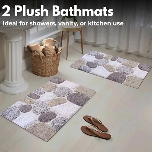 Ramanta Home Pure Cotton Pebble Stone Bath Rug Set of 2 - Light Grey, Super Soft Anti Skid Absorbent Bath Rug for Bathroom, Kitchen, Shower, Bath Tub, Machine Washable - 21x32 & 17x24 Inch - color: Light Grey, size: 21" x 32" & 17" x 24" (Set of 2)
