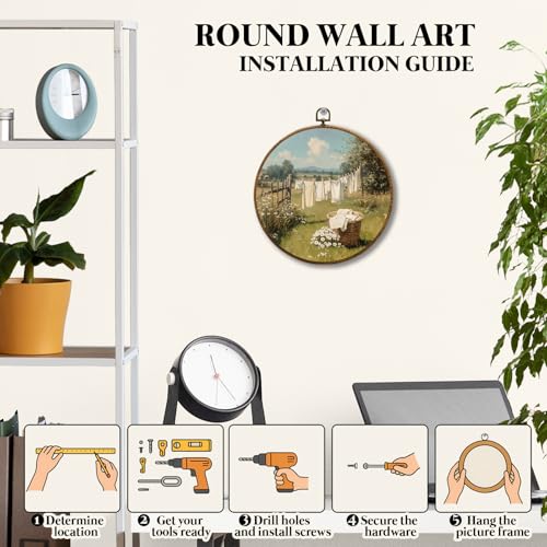 JUIOEIU Vintage Farmhouse Country Laundry Room Round Wall Decor, Cottagecore Laundry Day Framed Canvas Prints, Rustic Landscape Wall Art Hanging Decorations for Home Bedroom Living Room Decor, 10x10in - color: Laundry room01