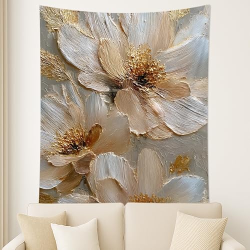 Elegant Beige Floral Tapestry, Textured Wall Hanging for Living Room, Bedroom, Bohemian Decor, Perfect for Home and Dorm 70x90 Inch - size: 70x90 Inch