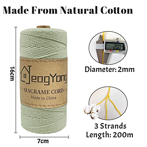 JeogYong Macrame Cord 2mm x 218 Yards, 3-Strand Twisted Natural Cotton Rope, Cotton String Coloured Craft Cord for Plant Hanger Wall Hanging Knitting Crafts, Bean Green Color - color: Bean Green