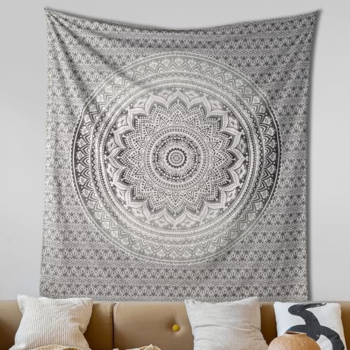 THE ART BOX Indian Cotton Grey Black Mandala Wall Hanging – Tapestry for Bedroom – Indie Wall Decor – Boho Small Tapestry Aesthetic 54x60 Inches - color: Grey and White, size: 60"L x 54"W