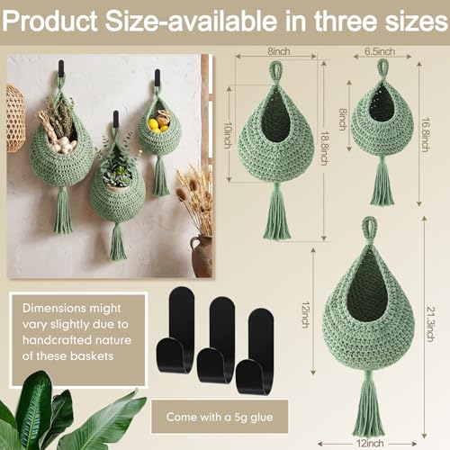 Honeydak Boho Decor Hanging Wall Baskets for Kitchen 3 Pack Teardrop Baskets with Hooks Storage Fruit Onion Vegetable Potato for Home 3 Sizes (Sage Green,Tassel,Cotton Rope) - color: Sage Green, size: Cotton Rope, style: Tassel