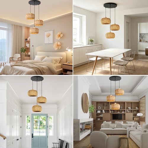 Natural Hand-Woven Basket Chandelier 3-Light Cluster Pendant Light Fixture Seagrass Rattan Shade Farmhouse E26 Base for Living Room Dining Room, Boho Light Fixtures - color: Basket Shade
