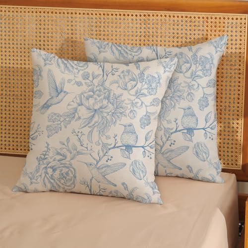 Chinoiserie Blue Throw Pillow Covers 16x16 Inch 2 Pcs Vintage Light Blue Floral Bird Outdoor Decor Pillow Covers Flower Spring Seasonal Decorative Pillowcase Linen Cushion Cover for Couch Sofa - color: Light Blue Floral Bird, size: 16" x 16" (Pack of 2)