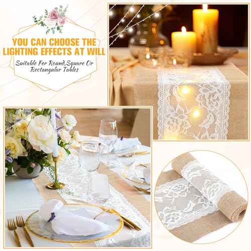 Xinnun 6 Pack Burlap Table Runner with Warm LED Lights,Rustic Lace Wedding Table Decor,Boho Farmhouse Jute Runner for Reception Bridal Shower Party(Novelty,12x108 Inches) - size: 12X108 Inches, style: Fashion