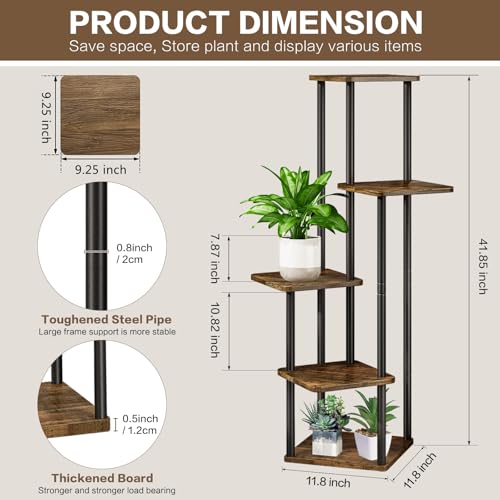 5 Tier Wood Tall Plant Stand Metal Rack Indoor, Multiple Flower Pot Holder Shelves Corner Rack, Planter Shelf Display Rack Storage Organizer for Patio Living Room Balcony Garden(Black) - color: Black, size: 5 Tier