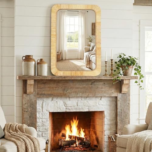 Handmade Rattan Mirror for Bathroom Vanity – Rectangular Wicker Frame Boho Wall Decor - Natural Nursery Decor Accent (24" x 36") - color: Rectangular 36*24