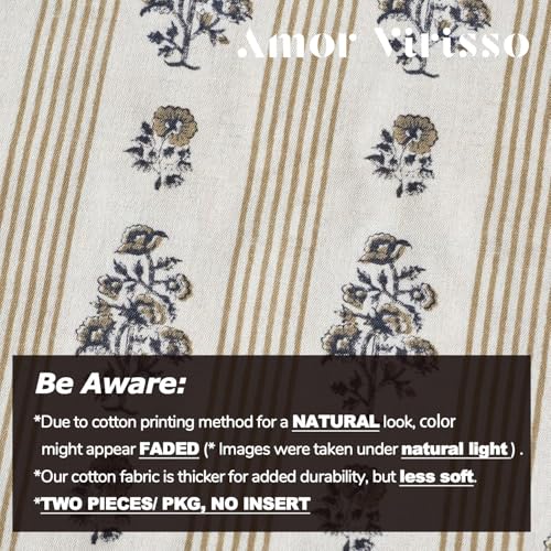 Amor Virisso Floral Throw Pillow Covers 20x20 Set of 2 Block Print Pillow Covers Neutral Floral Striped Farmhouse Decorative Pillow Covers for Sofa Couch Bed, Yellow - color: Yellow, size: 20" x 20" (Pack of 2)