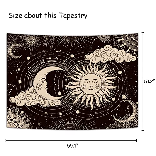 Wonrizon Sun and Moon Tapestry, Aesthetic Black Dark Spiritual Tapestries Mystic Burning Sun with Clouds Star Wall Hanging decor for Bedroom (51.2" x 59.1") - size: 51.2"L x 59.1"W