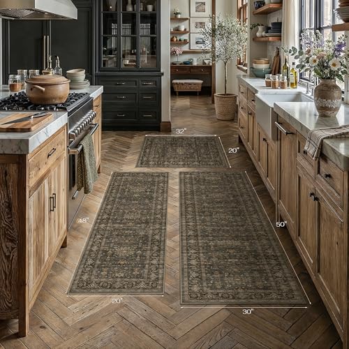 Kitchen Rug Set of 3 Washable Brown Vintage Kitchen Mats for Floor Non Slip Kitchen Runner Rug Soft Low Pile Distressed for Bathroom Laundry Hallway Sink Entryway - color: Dark Brown, size: 20"x32"+20"x48"+30"x50"