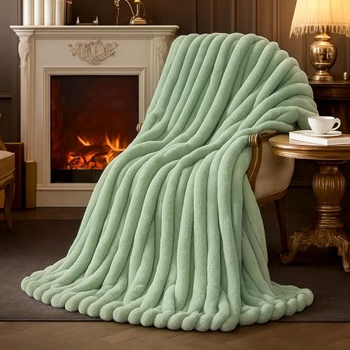 Amélie Home Faux Fur Throw Blanket for Couch, Cozy Fuzzy Fluffy Fur Luxurious Soft Striped Plush Gift Blankets for Family Sofa Chair Bedroom, 55"x70", Sage Green - color: Striped Sage Green, size: Throw(55"x70")