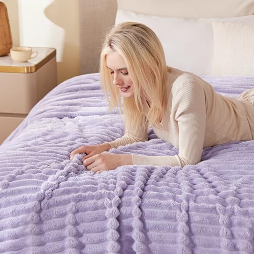 EXQ Home King Size Blanket for Bed or Couch - 3D Stripe Jacquard Decorative Fleece Blankets - Cozy Soft Lightweight Fuzzy Flannel Blanket Suitable for All Seasons(90"×108",Light Purple) - color: Light Purple, size: King