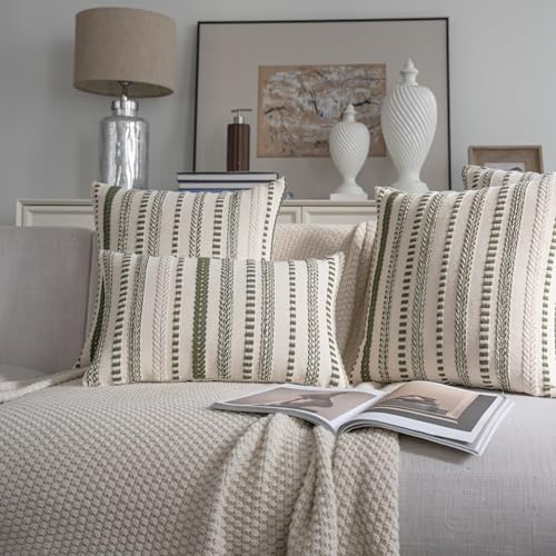 Cethom Green Boho Throw Pillow Covers 20x20 Inch Set of 2, Stripe Textured Decorative Couch Pillow Cases for Bed, Sofa, Living Room, Bedroom, Farmhouse Home Accent Cushion Covers - color: Green, size: 20" x 20" (Pack of 2)