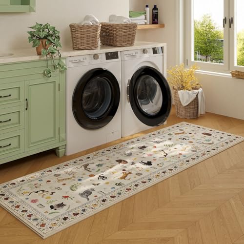Rugcomf 2x5 Runner Rug - Floral Cat Machine Washable Kitchen Rug, Non-Slip Low Pile Boho Carpet for Hallways, Laundry, Entryway, Bedroom, Bathroom - Beige - color: Beige/Cat, size: 2' x 5' (Rectangular)
