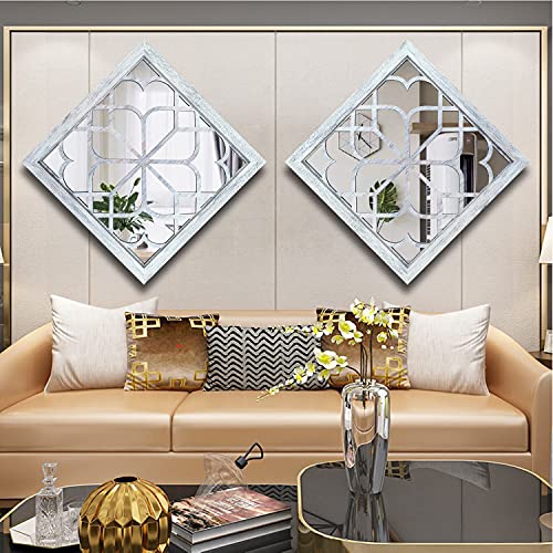 Wocred 2 PCS Square Wall Mirror,Gorgeous Rustic Farmhouse Accent Mirror,Rustic White Color Entry Mirror for Bathroom Renovation,Bedrooms,Living Rooms and More （20”） - color: Rustic White, size: 20x20 inch - 2 PCS