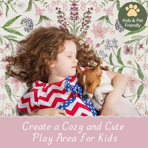Amearea 6x9 Feet Floral Area Rugs for Living Room, Boho Pink Rugs for Bedroom Girls, Cute Kids Room Print Carpet Vintage Low Pile Machine Washable Area Rug, Office Nursery Dining Room Farmhouse Decor - color: Pink, size: 6x9 Feet