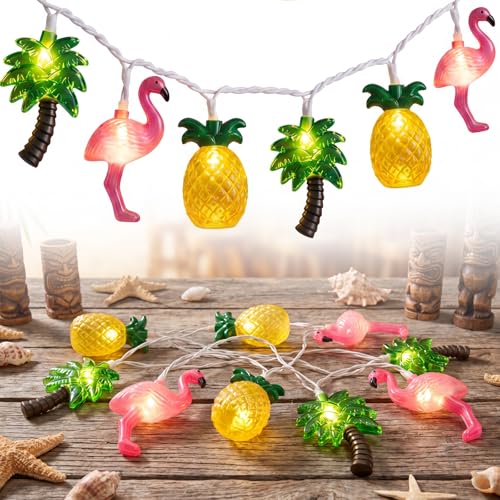 8.5Ft Summer Beach Hawaiian String Lights Outdoor with 10 LED Flamingo Pineapple Palm Tree Lights, Plug in Tropical Party Decorations Lights for Patio Backyard Garden Window Tiki Bar Pool Party Decor - color: Flamingo/Pineapple/Palm Tree