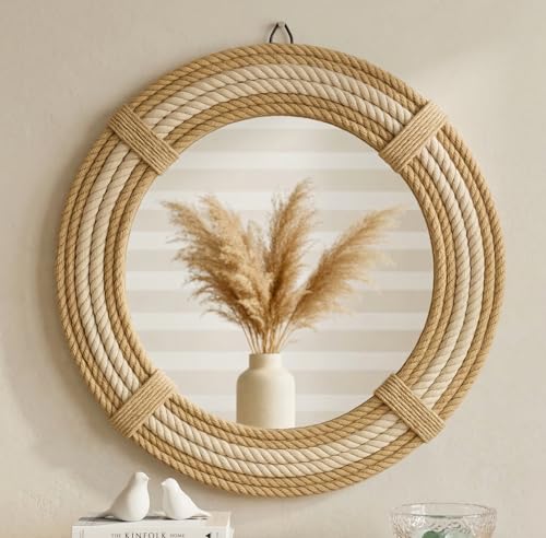 12" Inch Round Rustic Farmhouse Boho Shabby Chic Wall Hanging Mirror with Natural Jute Rope Decor Accent for Entryway, Bedroom, or Living Room (Color 5) - color: Color 5