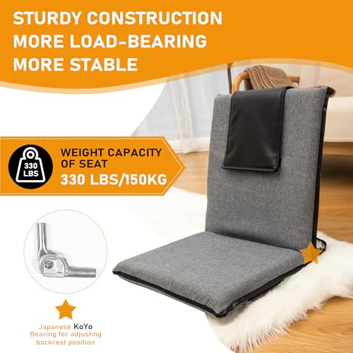 FASTMOMENT Floor Chair with Back Support 14-Position Adjustable Floor Chair Portable Ground Seating for Adults & Kids Foldable Meditation Seat with Japanese KOYO Bearings & Washable Linen Cover (Grey) - color: Grey & Black, style: Regular