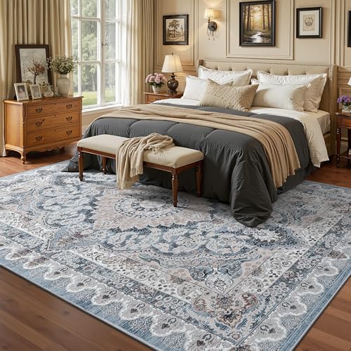 Foxmas 6x9 Area Rugs for Living Room, Machine Washable Vintage Rug, Non-Slip Low Pile Throw Rugs with Rubber Backing Washable Carpet for Bedroom Dining Room Kitchen Home Decor, Blue - color: Blue, size: 6' X 9' (Rectangular)