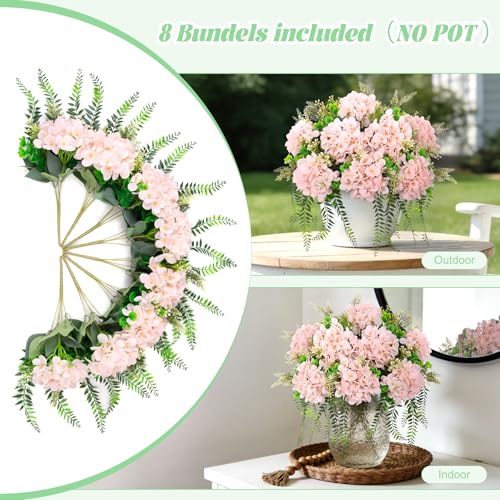 Ammyoo Artificial Hydrangea Flowers Silk Pink Fake Flower with Eucalyptus for Outdoor Decorations UV Resistant Realistic Faux Plants for Garden Porch Window Box Indoor Bathroom Dining Table Decor - color: Light Pink