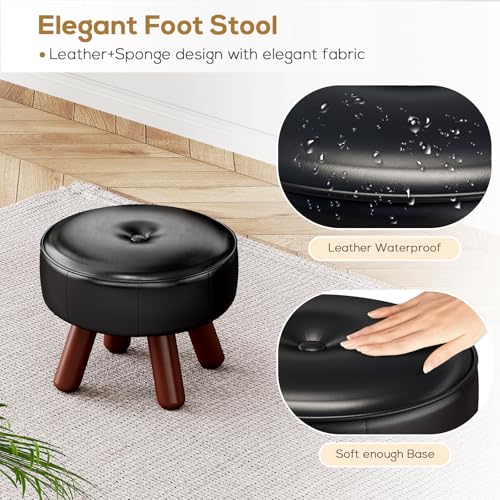 oakvivo 13in Small Foot Stool Ottoman, Round Faux Leather Foot Rest, Footstool Ottomans with Rubber Legs Under Desk, Footrest for Couch, Living Room, Bedroom, Office, 13''L x 13''W x 10.2''H, Black - color: Black