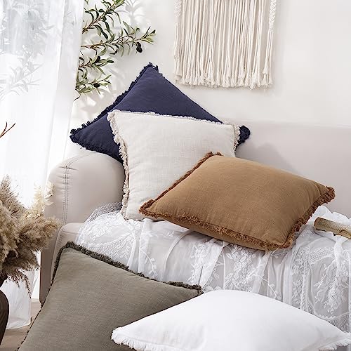Foindtower Set of 2 Decorative Linen Fringe Throw Pillow Covers Cozy Boho Farmhouse Cushion Cover with Tassels Soft Accent Pillowcase for Couch Sofa Bed Living Room Home Decor, 16×16 Inch, Khaki Brown - color: Brick, size: 16" x 16" (Pack of 2)