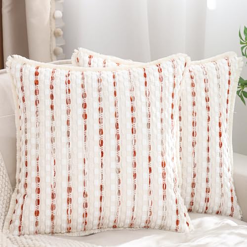 LUOYEHK Chenille Striped Throw Pillow Covers 18x18 Inch Set of 2 Boho Decorative Pillowcases with Fringe Farmhouse Neutral Orange White Cushion Covers for Couch Sofa Bed Living Room - color: Orange White, size: 18" x 18" (Pack of 2)