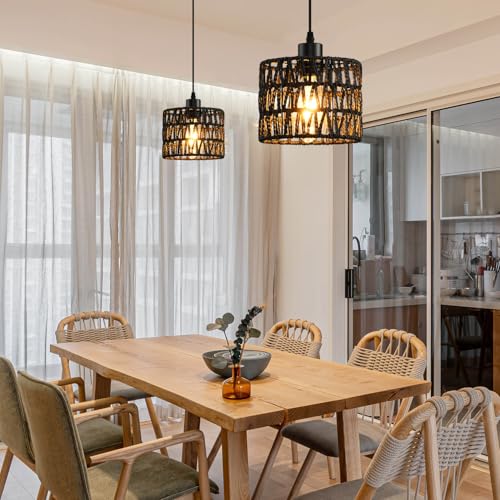 Woven Pendant Light Boho Chandelier, Rattan Pendant Lights Kitchen Island, Farmhouse Pendant Lighting with Hand Woven Wicker Shade, Boho Chandelier Light Fixtures Ceiling Hanging Light - color: 2 Pack Black