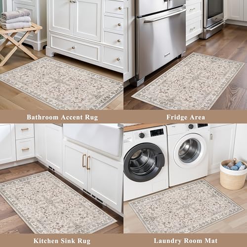 2x3 Non-Slip Washable Kitchen Rug – Boho Small Accent Rug for Sink & Entryway, Soft Low Pile Thin Carpet for Pet Area & Bathroom, Indoor Door Mat (Beige,2x3) - color: Beige, size: 2' x 3' (Rectangular)