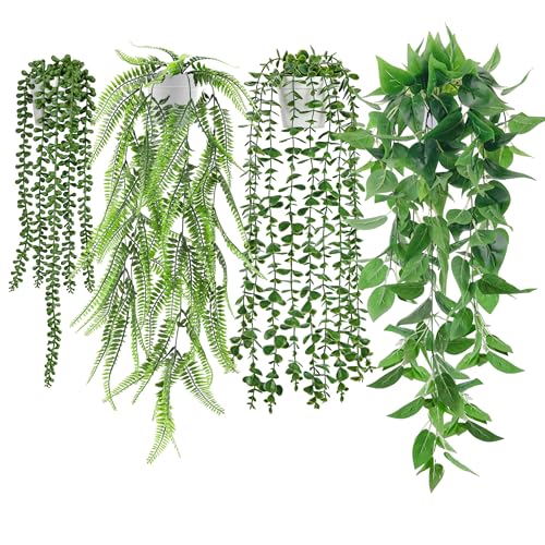 Der Rose 4Pcs Fake Plants Hanging Artificial Ivy Vine Faux Eucalyptus Hanging Plants, Boston Fern, String of Pearls for Living Room Bedroom Boho Wall Shelf Indoor Outdoor Decor (White Pots) - color: White Pots-4pcs