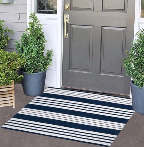 Blue and White Striped Doormat 24'' x 35'' Front Porch Rug Machine Washable Indoor Outdoor Doormat for Front Porch Hand-Woven Entryway Rug for Laundry/Bathroom/Bedroom - color: Blue White, size: 2' x 3' (Rectangular)